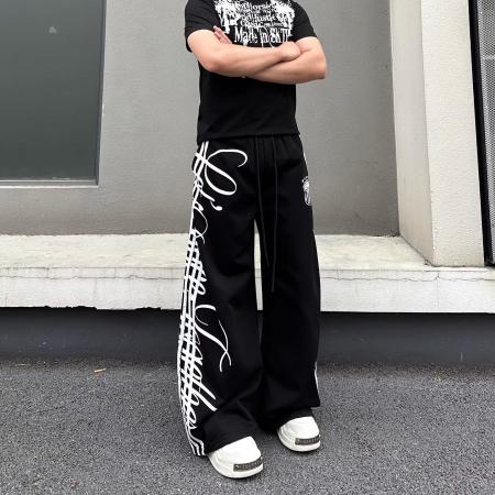 BY20203# 痞帅国潮爵士街舞阔腿运动卫裤男女宽松百搭抽绳图腾印花弯刀长裤 服裝批發男裝批發服飾貨源