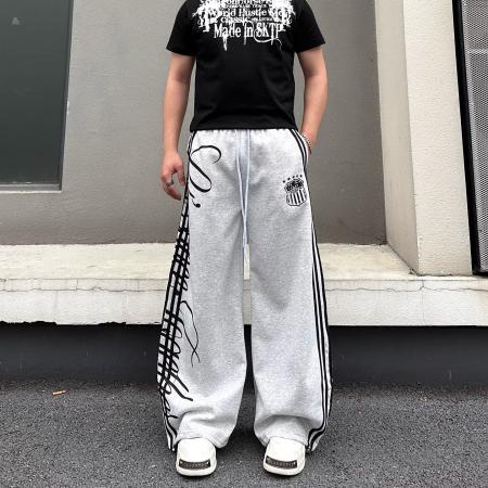 BY20203# 痞帅国潮爵士街舞阔腿运动卫裤男女宽松百搭抽绳图腾印花弯刀长裤 服裝批發男裝批發服飾貨源