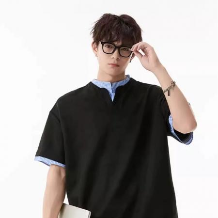 BY20214# 曼巴棉五分袖潮人邦t恤男假两件V领短袖夏季松弛感老钱风半袖 服裝批發男裝批發服飾貨源