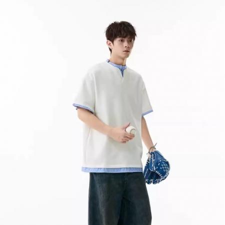 BY20214# 曼巴棉五分袖潮人邦t恤男假两件V领短袖夏季松弛感老钱风半袖 服裝批發男裝批發服飾貨源