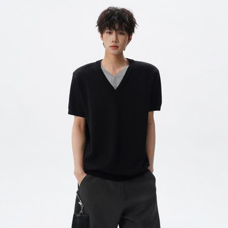 BY20215# 老钱风发财假两件V领针织短袖女男夏季高智感T恤宽松慵懒半袖上衣 服裝批發男裝批發服飾貨源