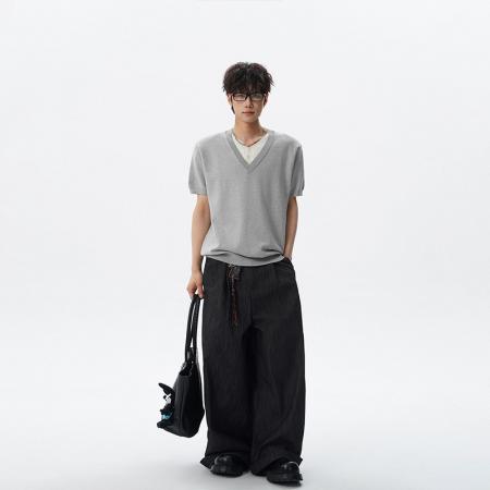 BY20215# 老钱风发财假两件V领针织短袖女男夏季高智感T恤宽松慵懒半袖上衣 服裝批發男裝批發服飾貨源
