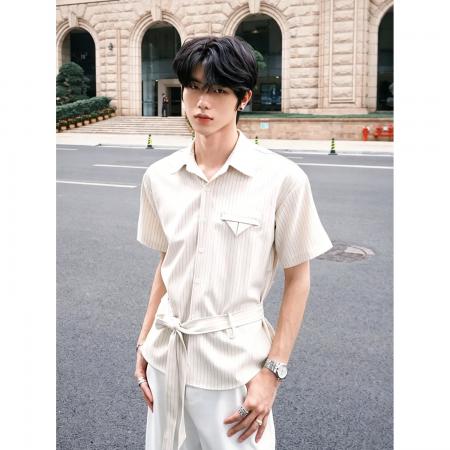 BY20225# 条纹绑带衬衫短袖前言日记男女夏季设计感垂坠抗皱衬衣半袖上衣 服裝批發男裝批發服飾貨源