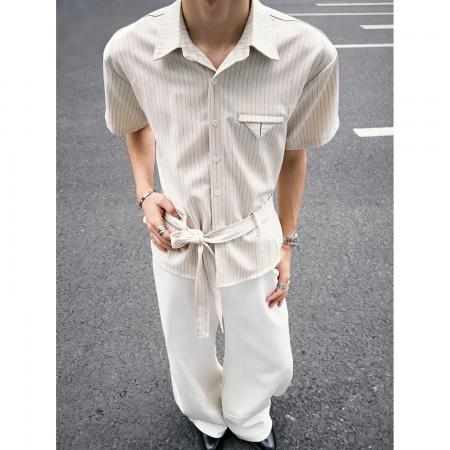 BY20225# 条纹绑带衬衫短袖前言日记男女夏季设计感垂坠抗皱衬衣半袖上衣 服裝批發男裝批發服飾貨源