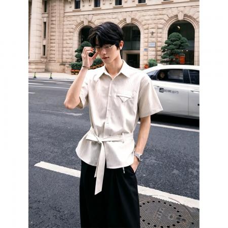 BY20225# 条纹绑带衬衫短袖前言日记男女夏季设计感垂坠抗皱衬衣半袖上衣 服裝批發男裝批發服飾貨源