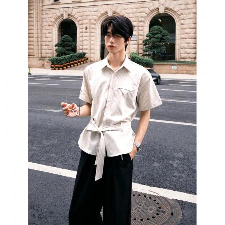 BY20225# 条纹绑带衬衫短袖前言日记男女夏季设计感垂坠抗皱衬衣半袖上衣 服裝批發男裝批發服飾貨源