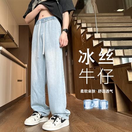 BY20241# 高质量冰丝薄料牛仔裤男以慕琦夏薄款速干裤子抽绳直筒阔腿长裤 服裝批發男裝批發服飾貨源