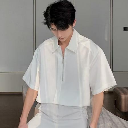 BY20245# 夏季揭潮坊日系简约纯色男宽松垂感半拉链翻领开衫衬衫短袖上衣 服裝批發男裝批發服飾貨源