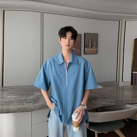 BY20245# 夏季揭潮坊日系简约纯色男宽松垂感半拉链翻领开衫衬衫短袖上衣 服裝批發男裝批發服飾貨源