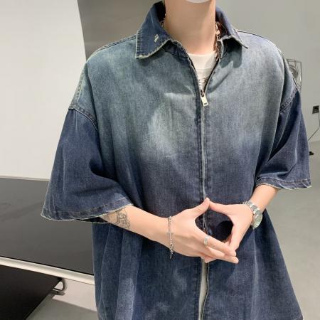 BY20252# 夏季几何短袖衬衫男日系潮牌渐变牛仔衬衣宽松大码五分袖慵懒寸衫 服裝批發男裝批發服飾貨源