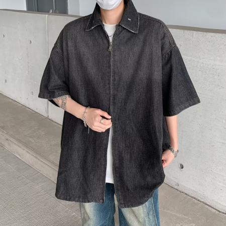 BY20252# 夏季几何短袖衬衫男日系潮牌渐变牛仔衬衣宽松大码五分袖慵懒寸衫 服裝批發男裝批發服飾貨源
