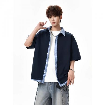 BY20253# 假两件拼格子布曼巴棉美式神秘短袖衬衫男春夏假两件 服裝批發男裝批發服飾貨源