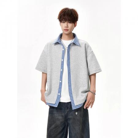 BY20253# 假两件拼格子布曼巴棉美式神秘短袖衬衫男春夏假两件 服裝批發男裝批發服飾貨源