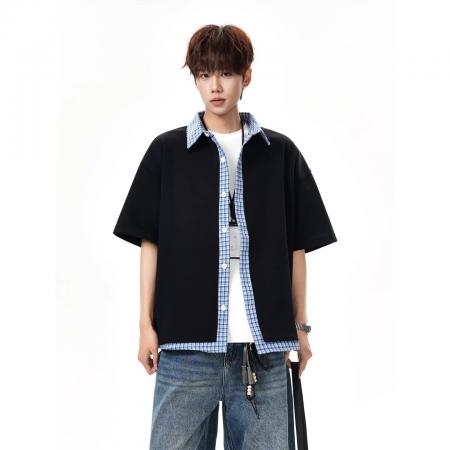 BY20253# 假两件拼格子布曼巴棉美式神秘短袖衬衫男春夏假两件 服裝批發男裝批發服飾貨源