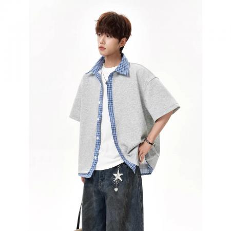 BY20253# 假两件拼格子布曼巴棉美式神秘短袖衬衫男春夏假两件 服裝批發男裝批發服飾貨源