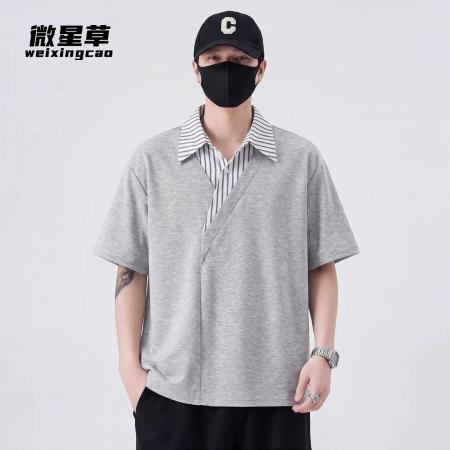BY20254# 假两件国潮拼接短袖男士Polo衫夏季薄款条纹休闲t恤男上衣 服裝批發男裝批發服飾貨源