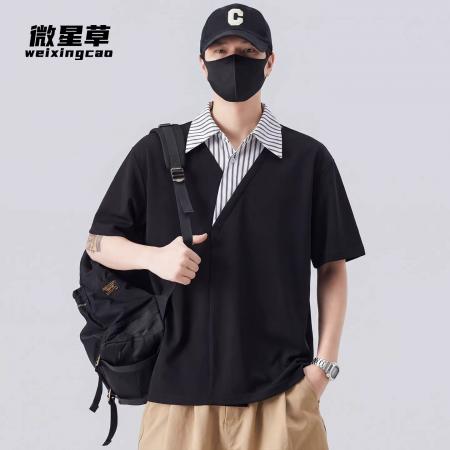 BY20254# 假两件国潮拼接短袖男士Polo衫夏季薄款条纹休闲t恤男上衣 服裝批發男裝批發服飾貨源