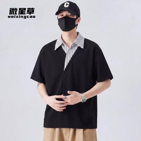 BY20254# 假两件国潮拼接短袖男士Polo衫夏季薄款条纹休闲t恤男上衣 服裝批發男裝批發服飾貨源