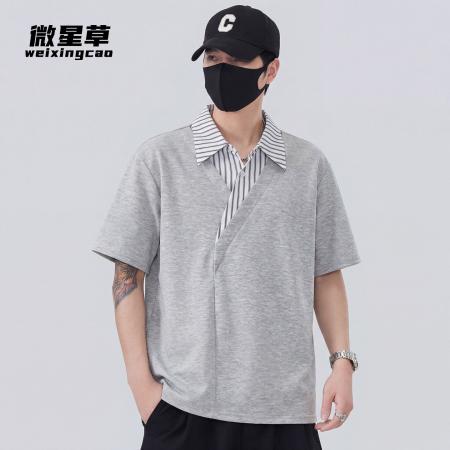 BY20254# 假两件国潮拼接短袖男士Polo衫夏季薄款条纹休闲t恤男上衣 服裝批發男裝批發服飾貨源