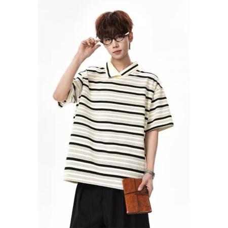 BY20257# 超柔面料POLO条纹潮人邦短袖男夏季不规则领口t恤cleanfit半袖 服裝批發男裝批發服飾貨源