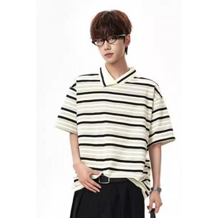 BY20257# 超柔面料POLO条纹潮人邦短袖男夏季不规则领口t恤cleanfit半袖 服裝批發男裝批發服飾貨源