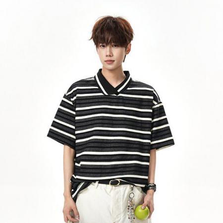 BY20257# 超柔面料POLO条纹潮人邦短袖男夏季不规则领口t恤cleanfit半袖 服裝批發男裝批發服飾貨源