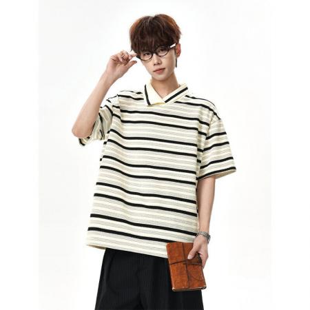 BY20257# 超柔面料POLO条纹潮人邦短袖男夏季不规则领口t恤cleanfit半袖 服裝批發男裝批發服飾貨源