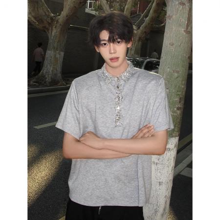 BY20258# 曼巴棉亮片别针短袖前言设计感POLO衫男款夏季潮牌宽松半袖体恤 服裝批發男裝批發服飾貨源