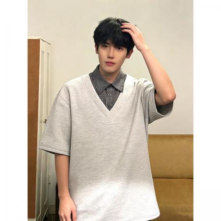 BY20259# 假两件短袖POLO衫夏季续战男女潮牌宽松情侣休闲百搭T半袖上衣 服裝批發男裝批發服飾貨源