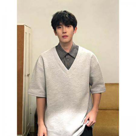 BY20259# 假两件短袖POLO衫夏季续战男女潮牌宽松情侣休闲百搭T半袖上衣 服裝批發男裝批發服飾貨源