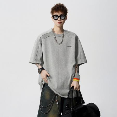 BY20262# 纯棉毛边拼接工艺100%棉字母国潮夏季短袖t恤男宽松高街上衣潮 服裝批發男裝批發服飾貨源
