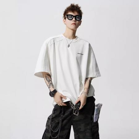 BY20262# 纯棉毛边拼接工艺100%棉字母国潮夏季短袖t恤男宽松高街上衣潮 服裝批發男裝批發服飾貨源