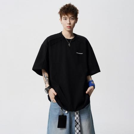 BY20262# 纯棉毛边拼接工艺100%棉字母国潮夏季短袖t恤男宽松高街上衣潮 服裝批發男裝批發服飾貨源