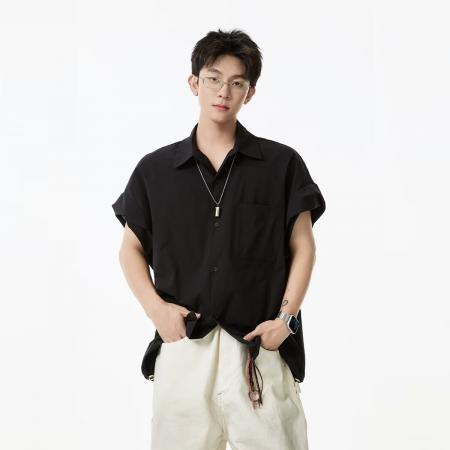 BY20265# 日系鑫盛短袖衬衫男款夏季韩版潮流ins休闲宽松衬衣男士外套纯色 服裝批發男裝批發服飾貨源