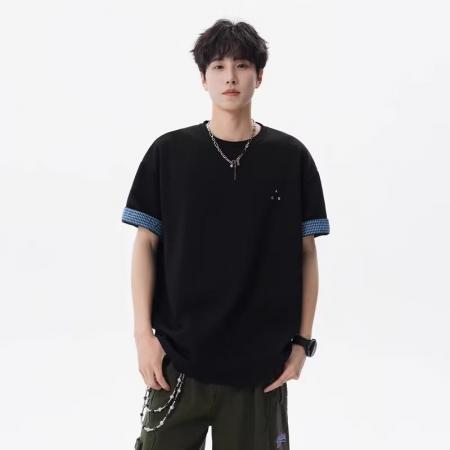 BY20266# 曼巴棉刺绣短袖街头先锋t恤男夏季宽松五分袖体恤衫 服裝批發男裝批發服飾貨源