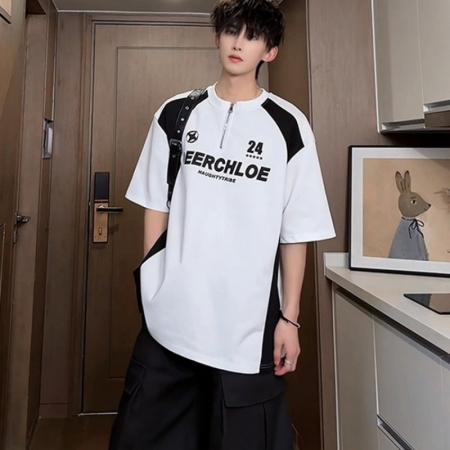 BY20267# 美式乡郎球衣风机车服T恤男款夏季半拉链无领polo衫短袖痞帅半袖 服裝批發男裝批發服飾貨源