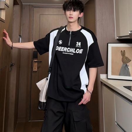 BY20267# 美式乡郎球衣风机车服T恤男款夏季半拉链无领polo衫短袖痞帅半袖 服裝批發男裝批發服飾貨源