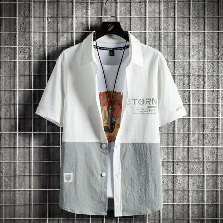 BY20280# 夏季潮流短袖拼接衬衫男韩版衬衣港风日系上衣 服裝批發男裝批發服飾貨源