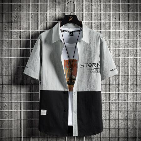 BY20280# 夏季潮流短袖拼接衬衫男韩版衬衣港风日系上衣 服裝批發男裝批發服飾貨源