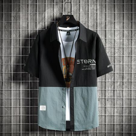 BY20280# 夏季潮流短袖拼接衬衫男韩版衬衣港风日系上衣 服裝批發男裝批發服飾貨源