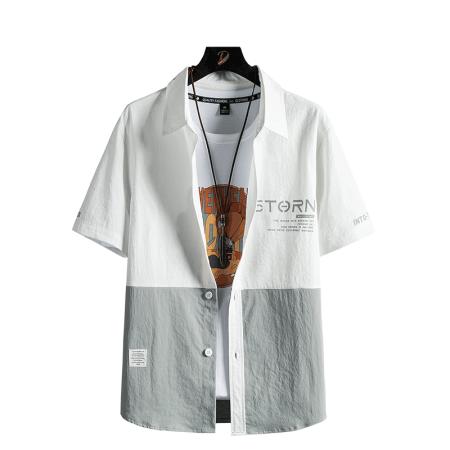 BY20280# 夏季潮流短袖拼接衬衫男韩版衬衣港风日系上衣 服裝批發男裝批發服飾貨源