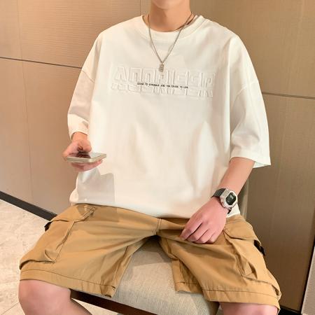 BY20286# 夏季重磅纯棉短袖t恤男潮流宽松港风大码半袖落肩T恤 服裝批發男裝批發服飾貨源