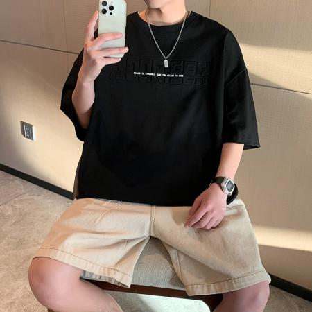 BY20286# 夏季重磅纯棉短袖t恤男潮流宽松港风大码半袖落肩T恤 服裝批發男裝批發服飾貨源