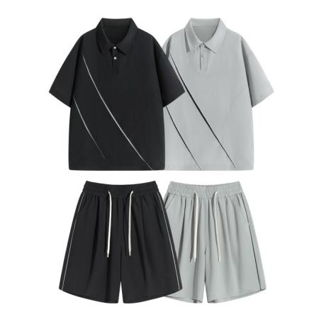 BY20290# 夏季新款翻领半纽扣Polo衫+短裤两件套简约通勤百搭休闲套装 服裝批發男裝批發服飾貨源