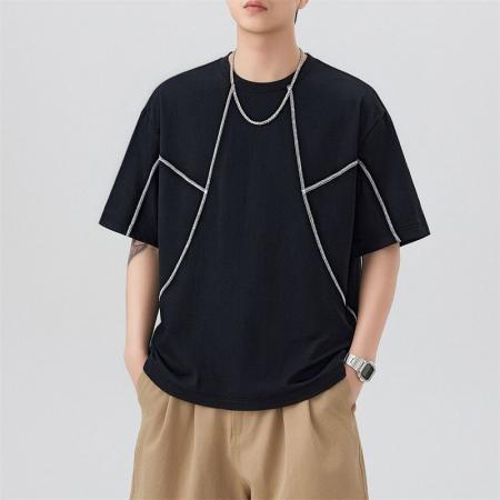BY20292# 夏季新款潮牌缉明线设计短袖T恤男圆领百搭潮流宽松t恤 服裝批發男裝批發服飾貨源