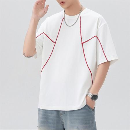 BY20292# 夏季新款潮牌缉明线设计短袖T恤男圆领百搭潮流宽松t恤 服裝批發男裝批發服飾貨源