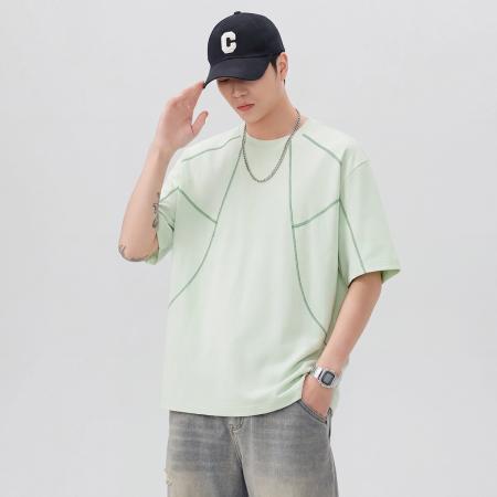 BY20292# 夏季新款潮牌缉明线设计短袖T恤男圆领百搭潮流宽松t恤 服裝批發男裝批發服飾貨源