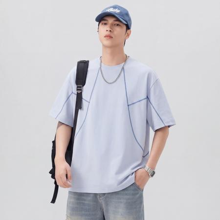 BY20292# 夏季新款潮牌缉明线设计短袖T恤男圆领百搭潮流宽松t恤 服裝批發男裝批發服飾貨源