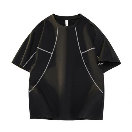 BY20292# 夏季新款潮牌缉明线设计短袖T恤男圆领百搭潮流宽松t恤 服裝批發男裝批發服飾貨源