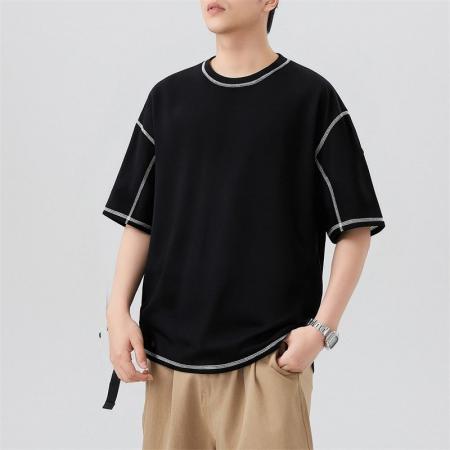 BY20293# 夏季新款潮牌缉明线短袖T恤男圆领百搭潮流短袖宽松t恤 服裝批發男裝批發服飾貨源